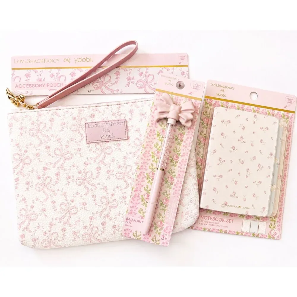 LoveShackFancy x Yoobi Bow Floral Pouch Mini Notebooks Pen Set NWT